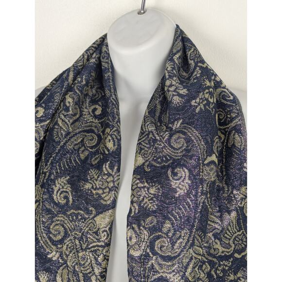 Elegant Navy & Gold Paisley Scarf ~ 72" Long ~ Soft Fringe Wrap Lightweight - Picture 3 of 8
